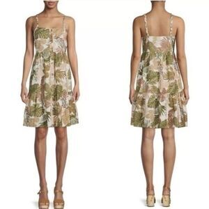 Beach Lunch Lounge Dress Womens Small Linen Cotton Blend Tiered Safari Tropical